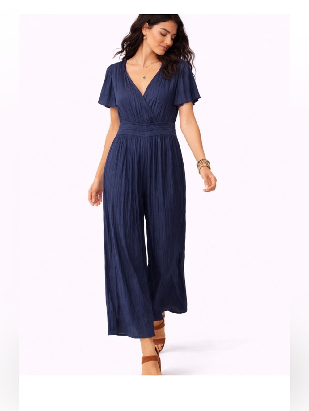 Rachel Zoe | Wide Leg Satin Jumpsuit V-Neck Flutter Sleeves Navy Blue Small